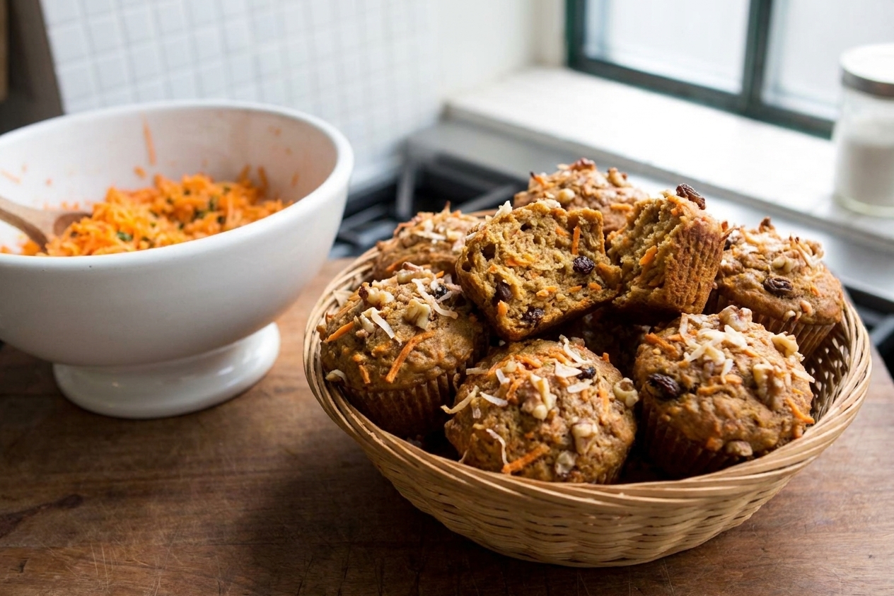 A basket of golden morning glory muffins with visible shredded carrot and coconut on a kitchen table