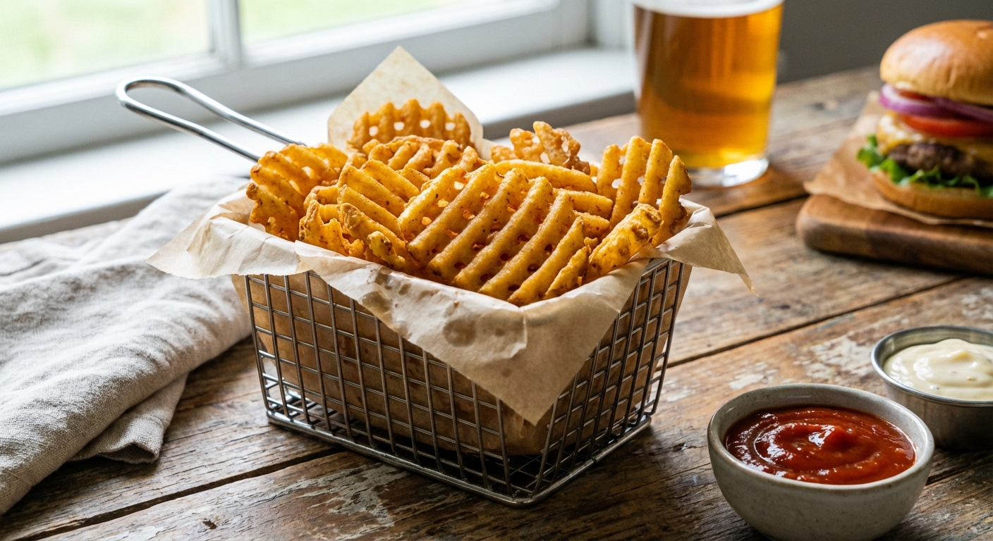 A basket of golden waffle fries lined with parchment paper on a casual table, photorealistic food photography