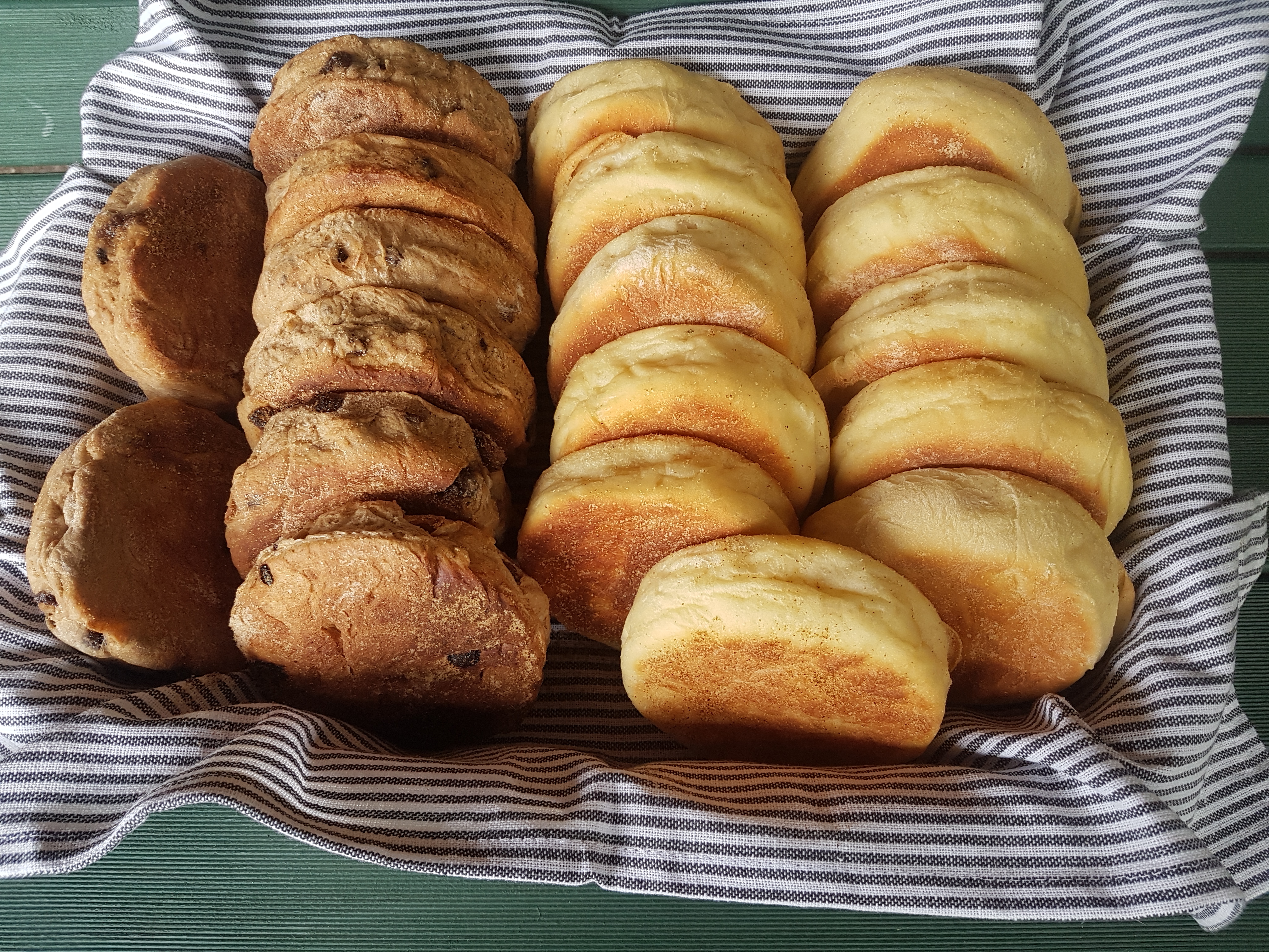 A basket of homemade griddled muffins with golden tops and a split muffin showing airy nooks, on a wooden table with butter and jam nearby