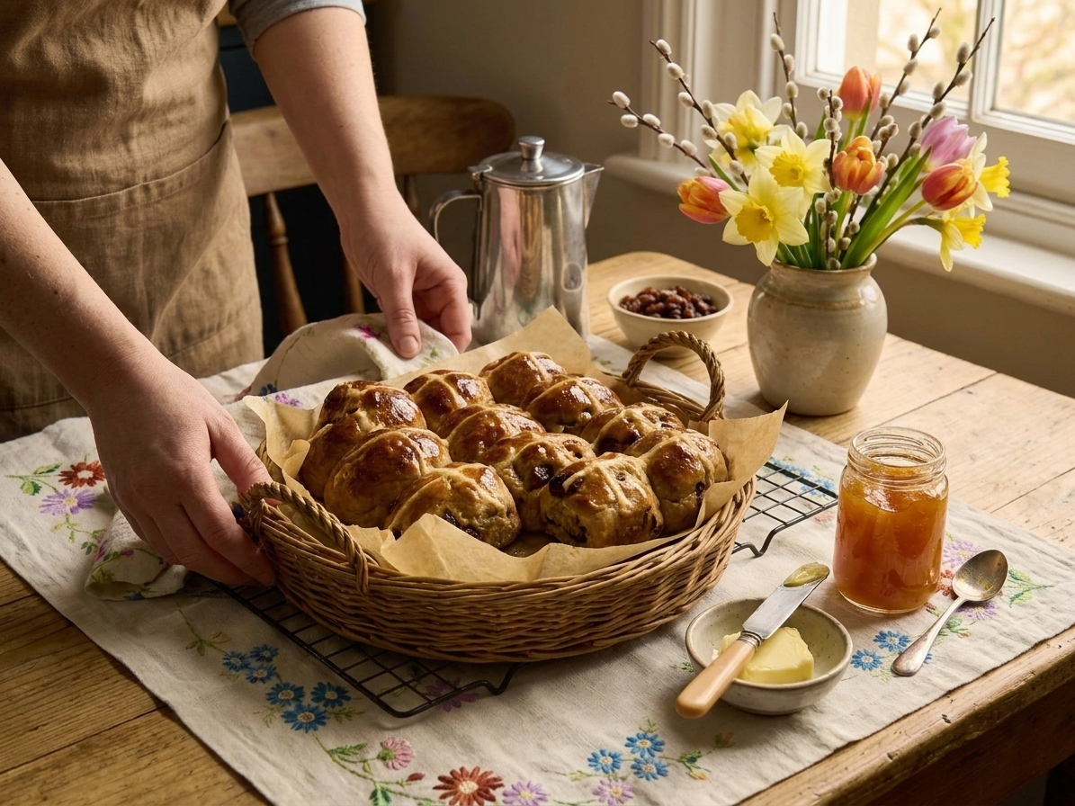 A basket of hot cross buns on an Easter breakfast table with butter, jam, and spring flowers in the background