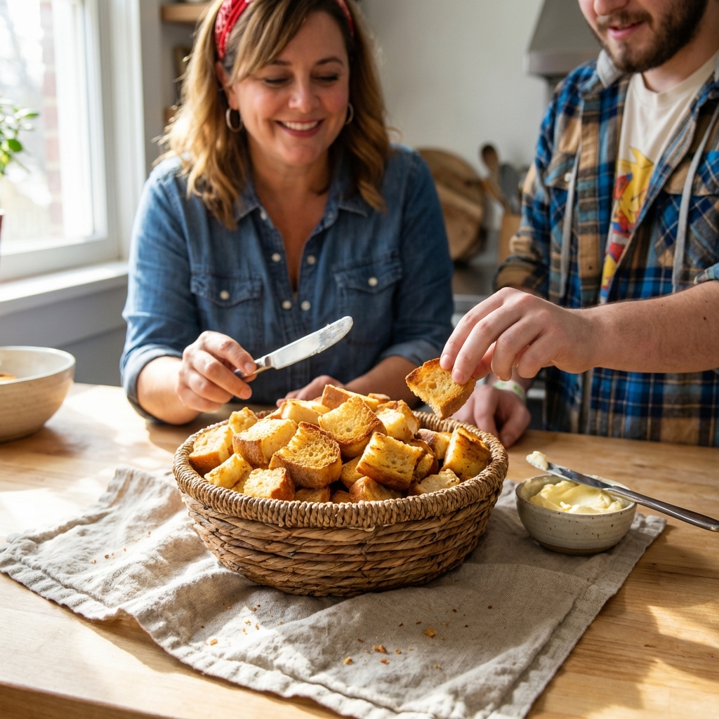 A basket of toasted baguette cubes on a linen napkin