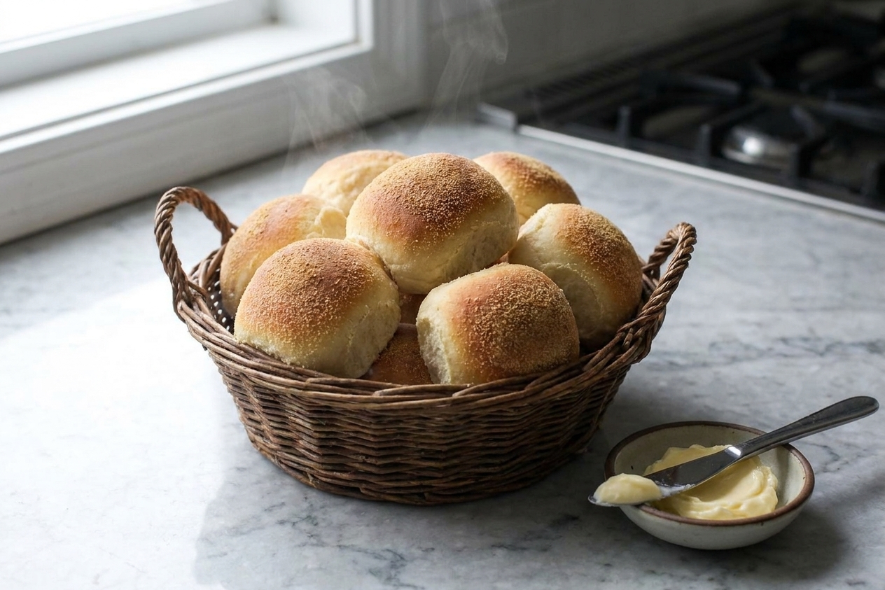 A basket of warm Filipino pandesal rolls with a fine breadcrumb coating, golden brown tops, and a small dish of butter on a cozy kitchen table