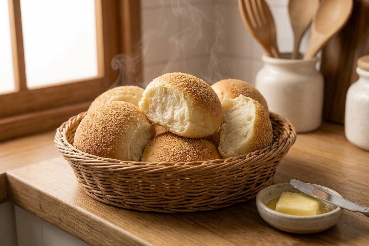 A basket of warm Filipino pandesal rolls with a golden breadcrumb coating on a wooden kitchen table with a small dish of butter nearby, natural morning light