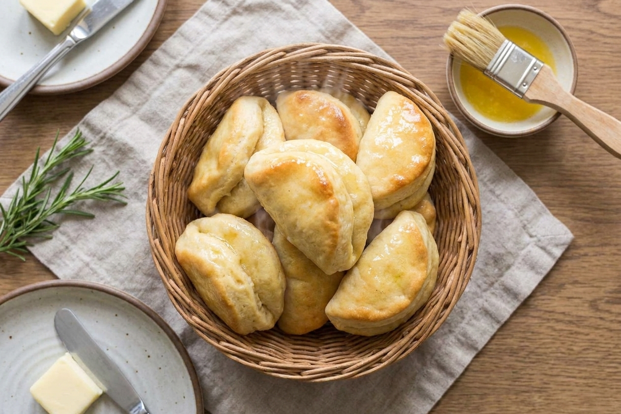 A basket of warm Parker House rolls with glossy buttered tops and a soft folded shape, set on a cozy dinner table with a linen napkin