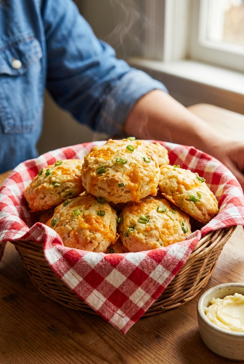 A basket of warm cheddar biscuits with chopped scallions
