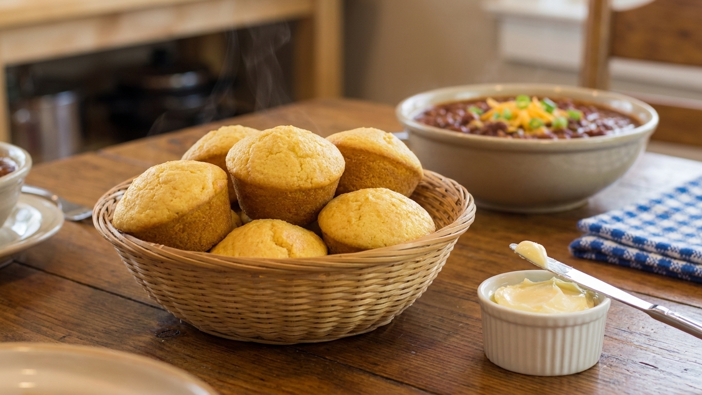 A basket of warm corn muffins on a family dinner table with a small dish of butter and a bowl of chili in the background