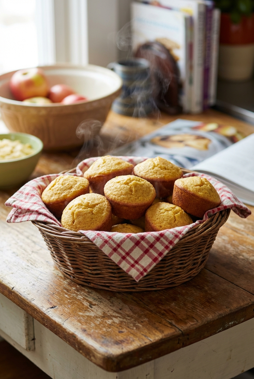 A basket of warm cornbread muffins on a wooden table