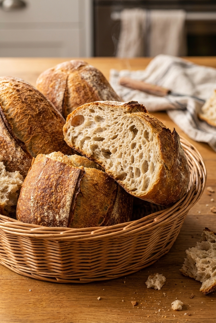 A basket of warm crusty bread with a torn piece showing the airy inside