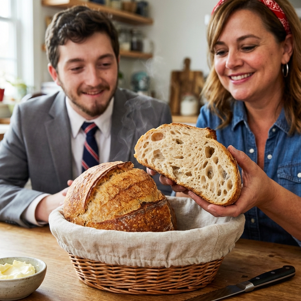 A basket of warm crusty bread with a torn piece showing the airy crumb