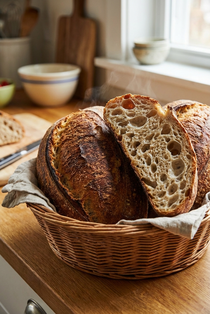 A basket of warm crusty sourdough bread with a torn piece showing the airy crumb