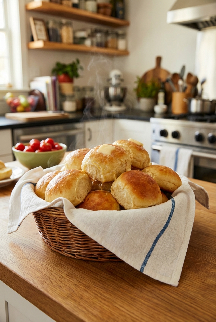 A basket of warm dinner rolls lined with a linen towel