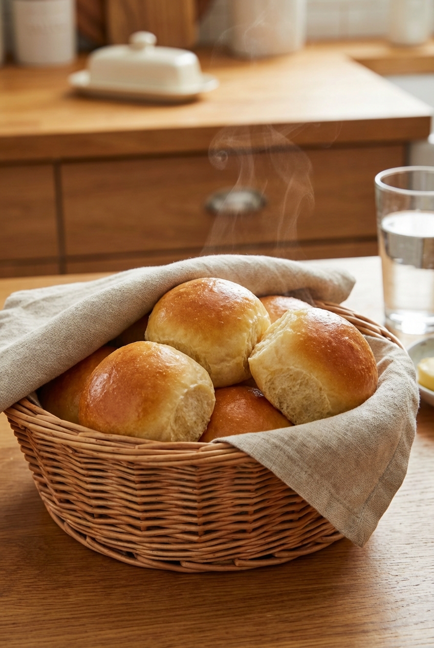 A basket of warm dinner rolls with a linen napkin