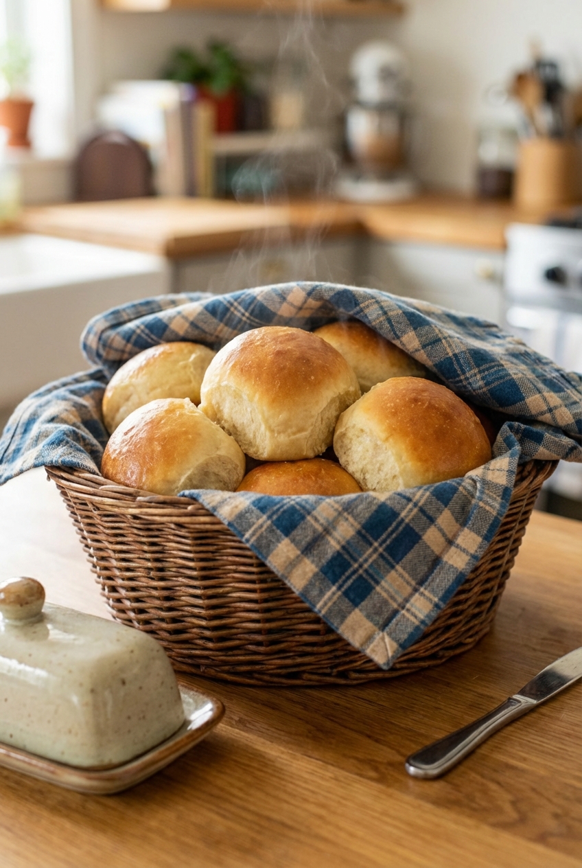A basket of warm dinner rolls with a towel