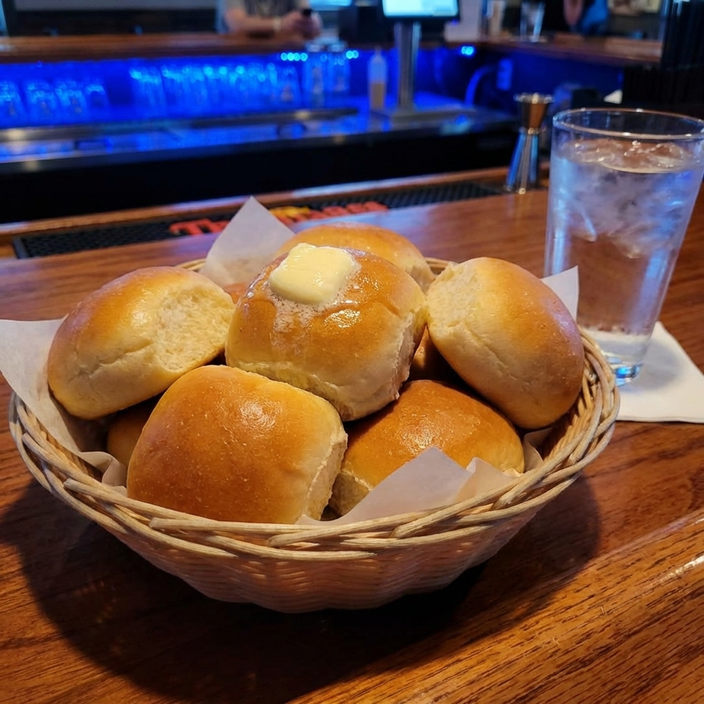 A basket of warm dinner rolls with butter