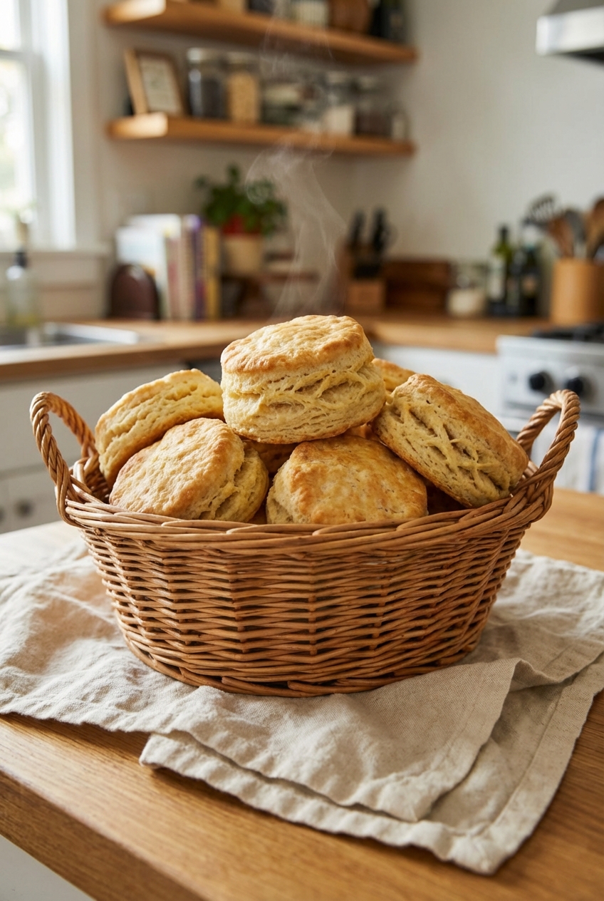 A basket of warm, flaky buttermilk biscuits on a linen napkin