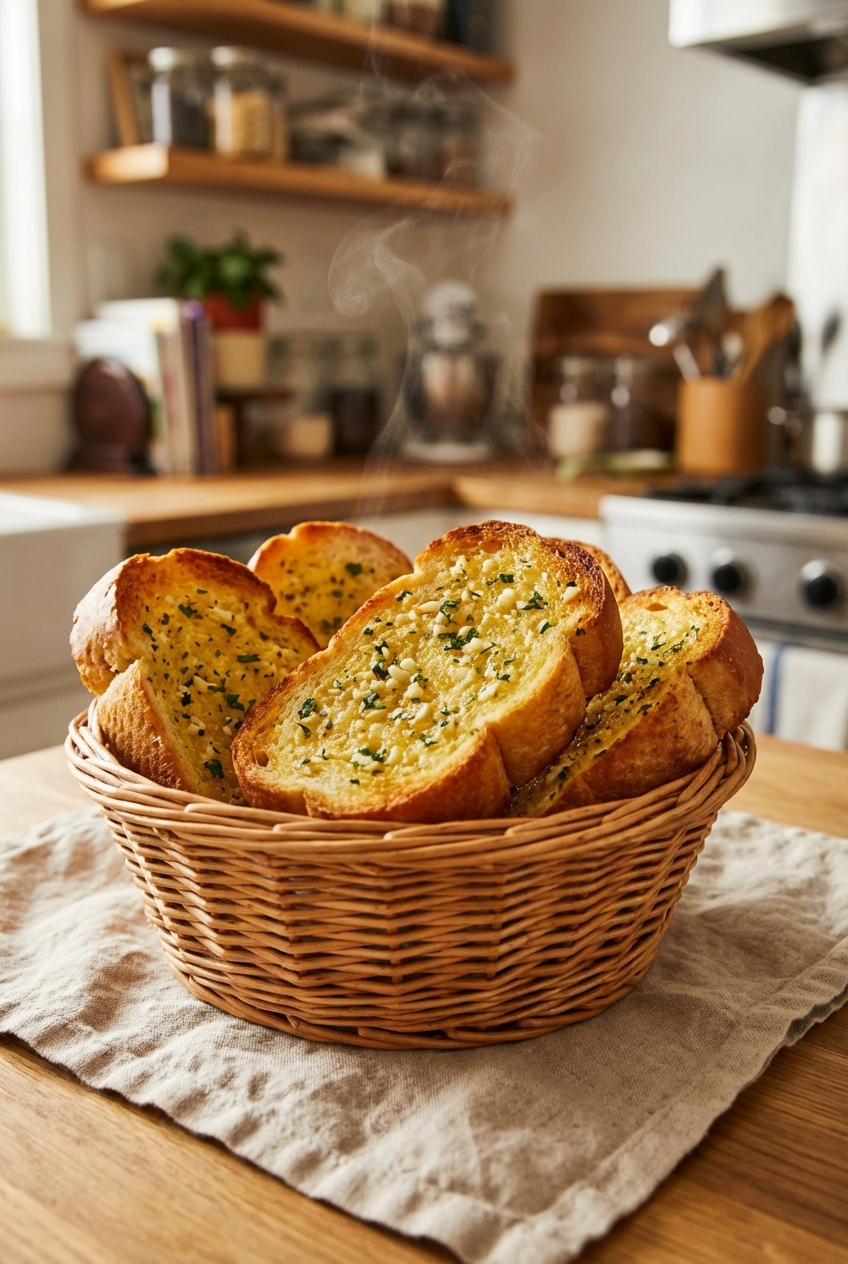 A basket of warm garlic bread slices on a linen napkin