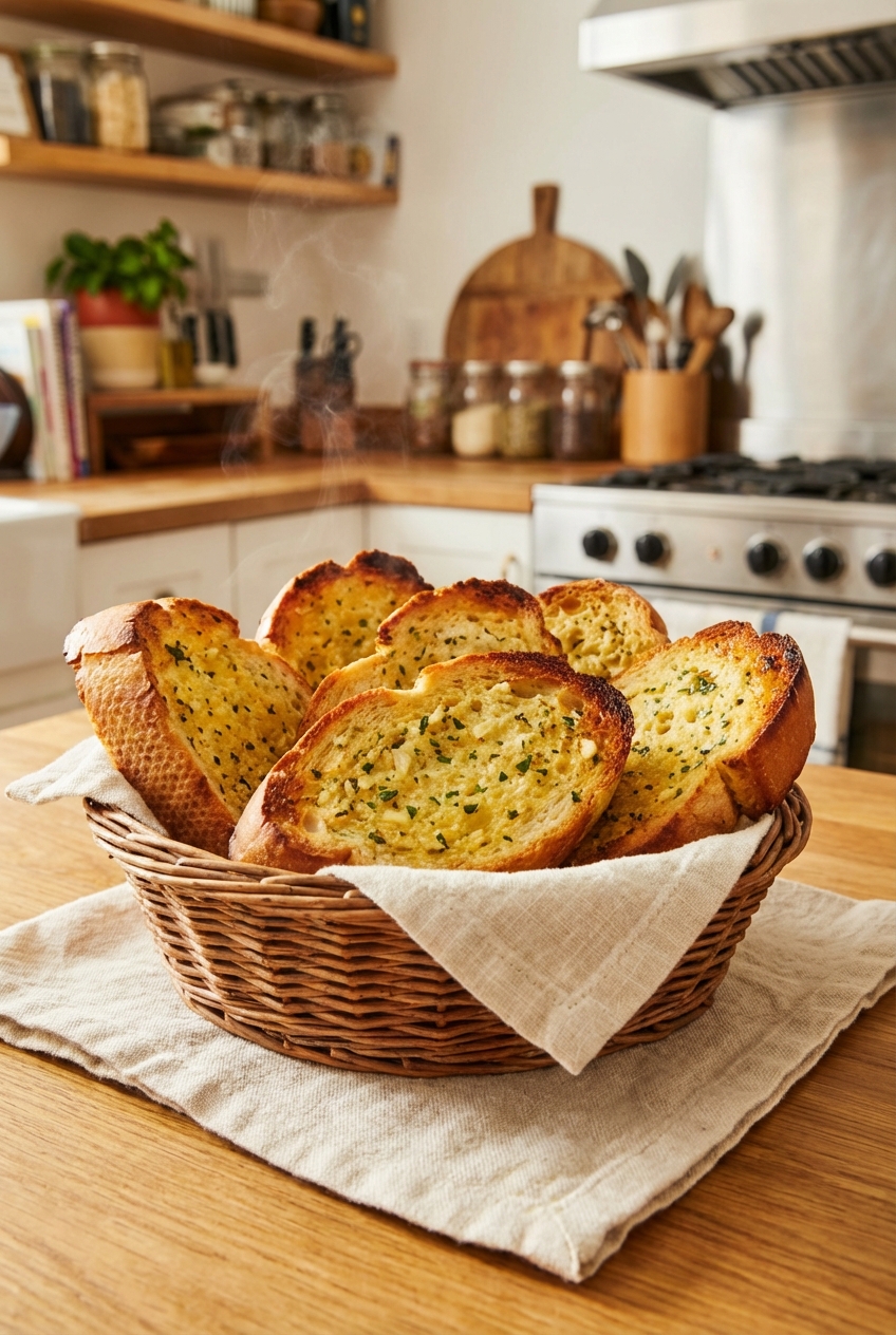 A basket of warm garlic bread slices with browned edges on a linen napkin