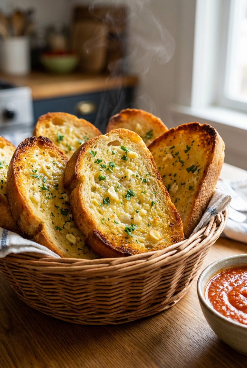 A basket of warm garlic bread slices with golden edges