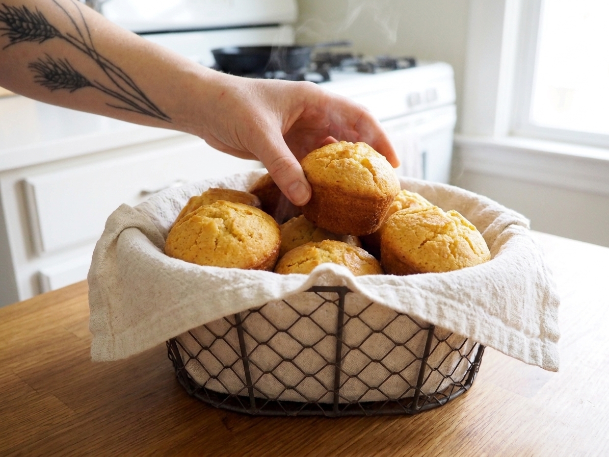 A basket of warm golden corn muffins lined with a simple kitchen towel on a wooden table in soft natural light