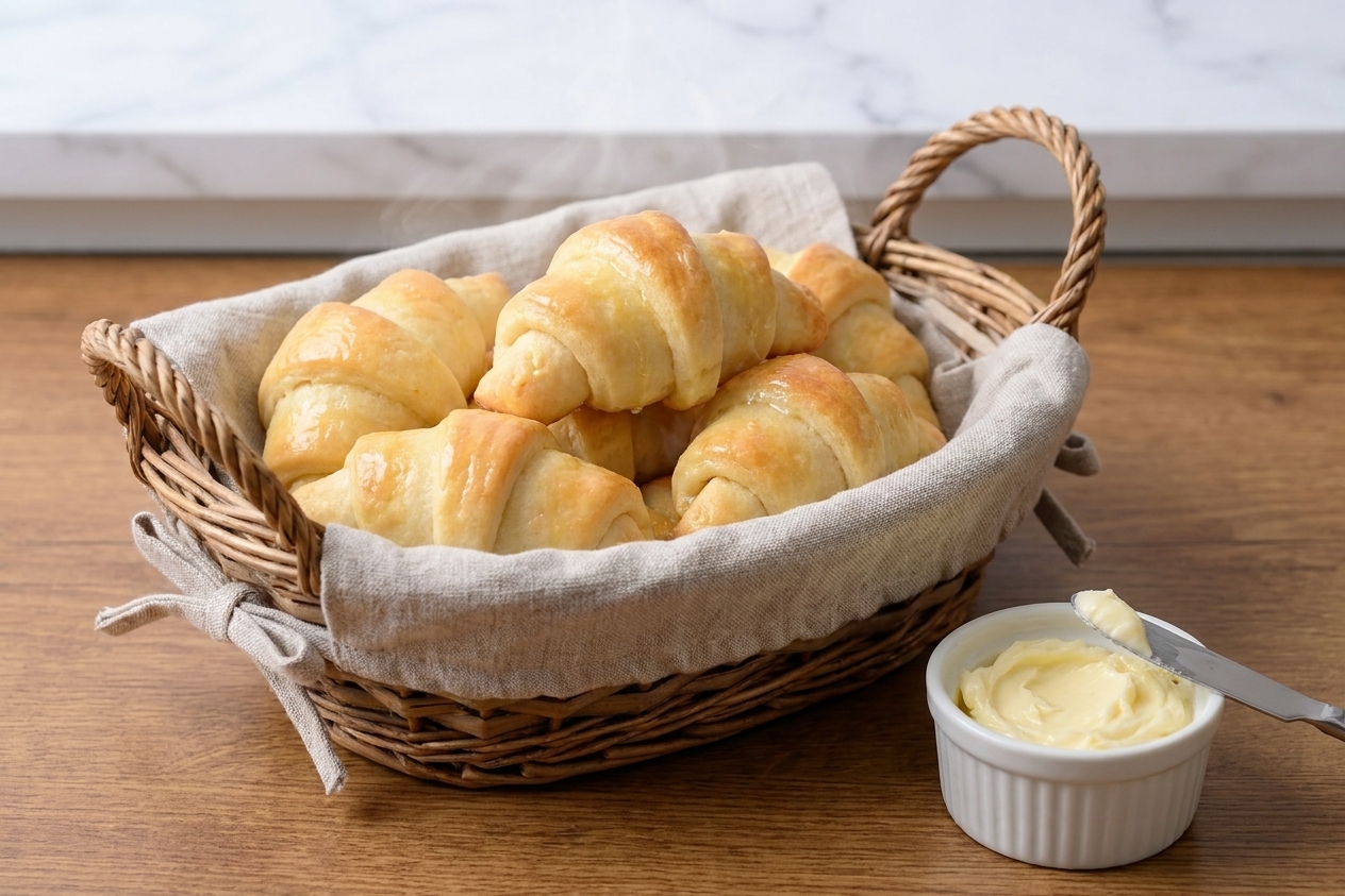 A basket of warm homemade crescent dinner rolls with glossy golden tops on a wooden dinner table with a small dish of butter