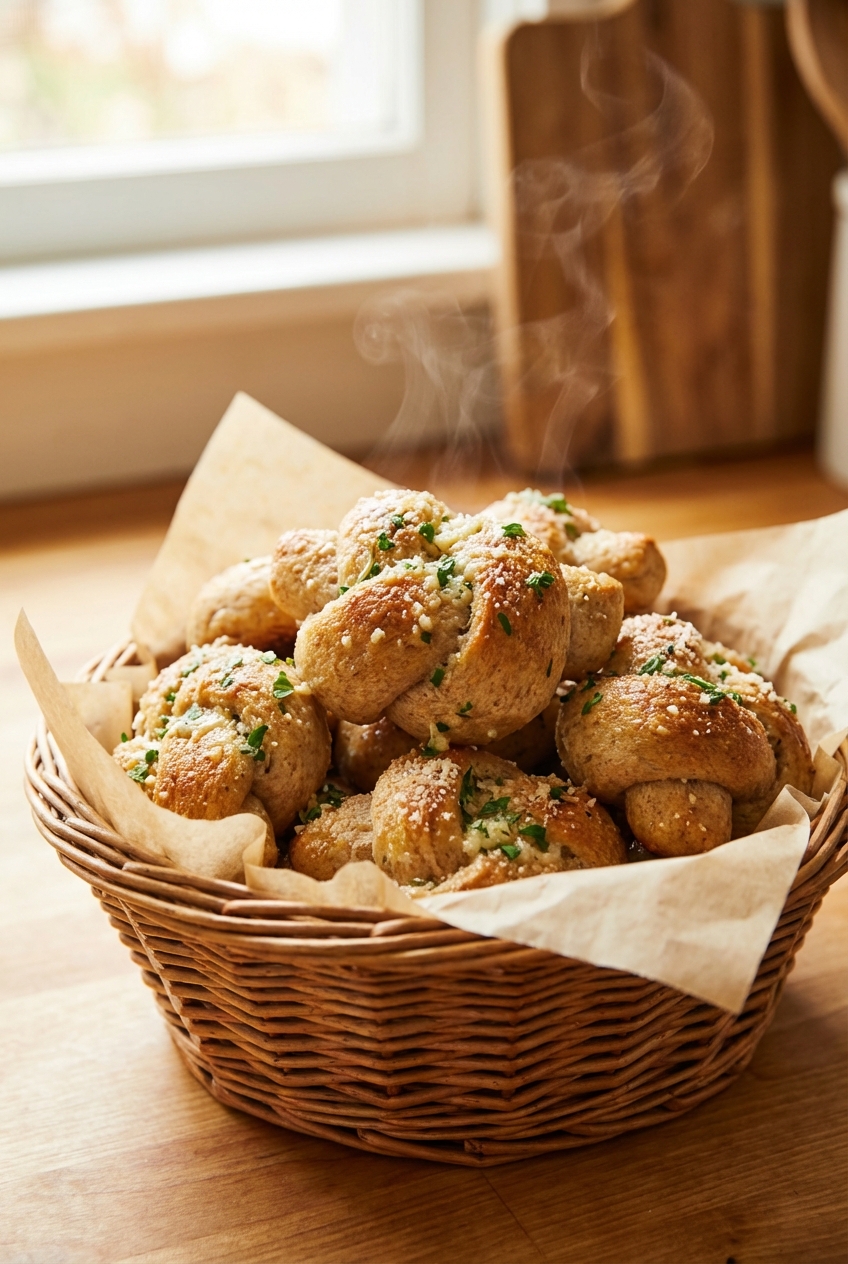 A basket of warm whole wheat garlic knots on parchment paper