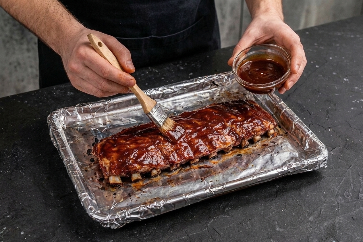 A basting brush spreading barbecue sauce over tender ribs on a foil-lined sheet pan on a kitchen counter