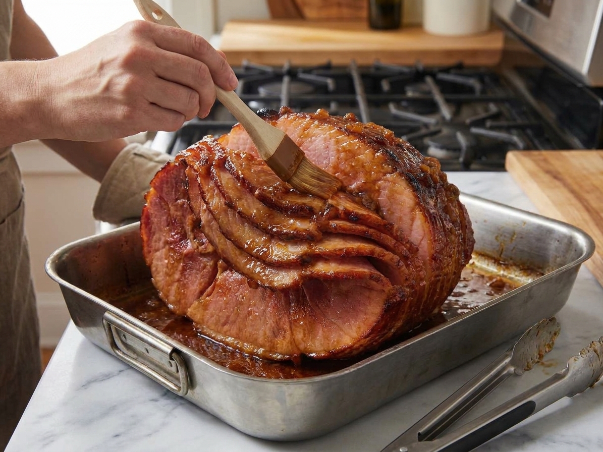 A basting brush spreading glossy brown sugar glaze over a spiral sliced ham in a roasting pan