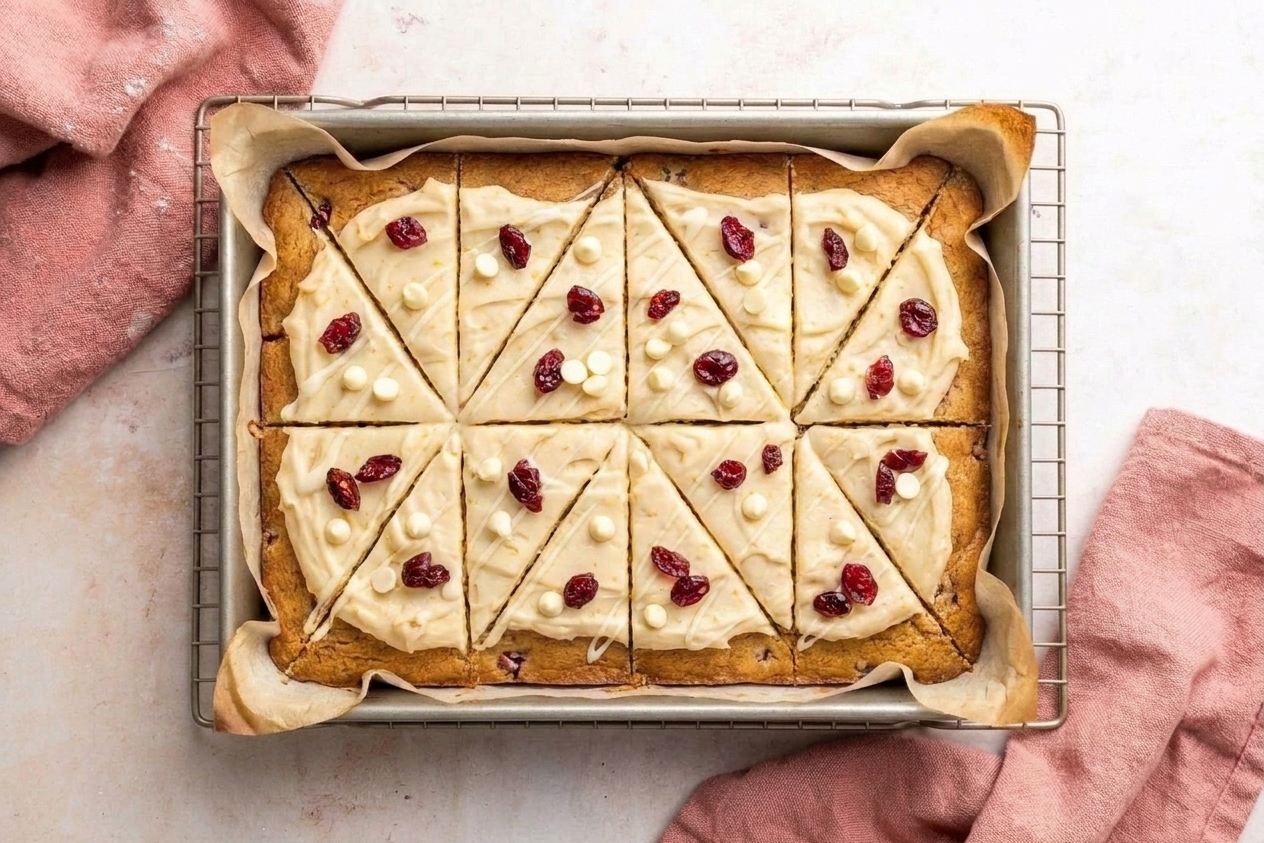 A batch of cranberry bliss bars sliced into triangles on a parchment-lined baking pan, with orange-flecked cream cheese frosting, dried cranberries, and a white chocolate drizzle in a warm home kitchen
