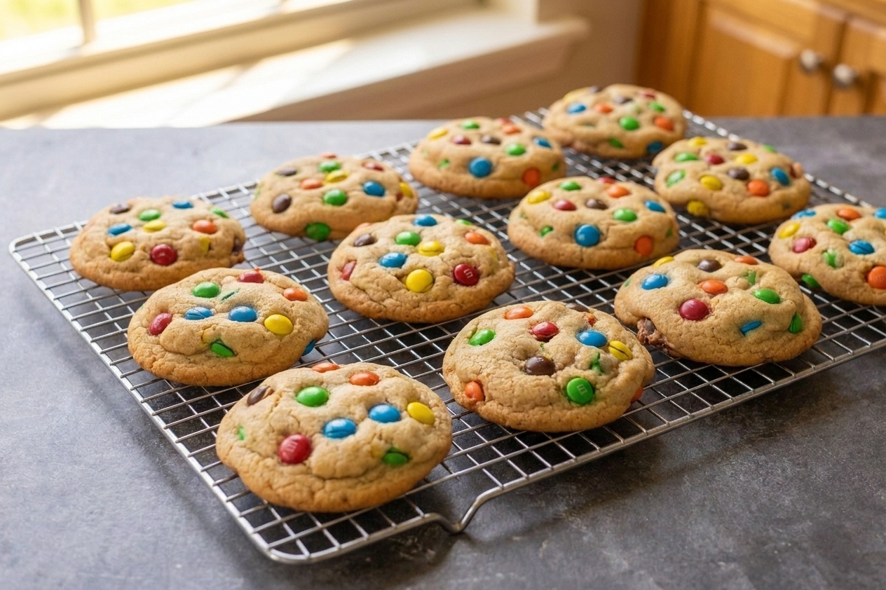 A batch of freshly baked M&M cookies with crisp edges and colorful candies, cooling on a wire rack on a bright kitchen counter