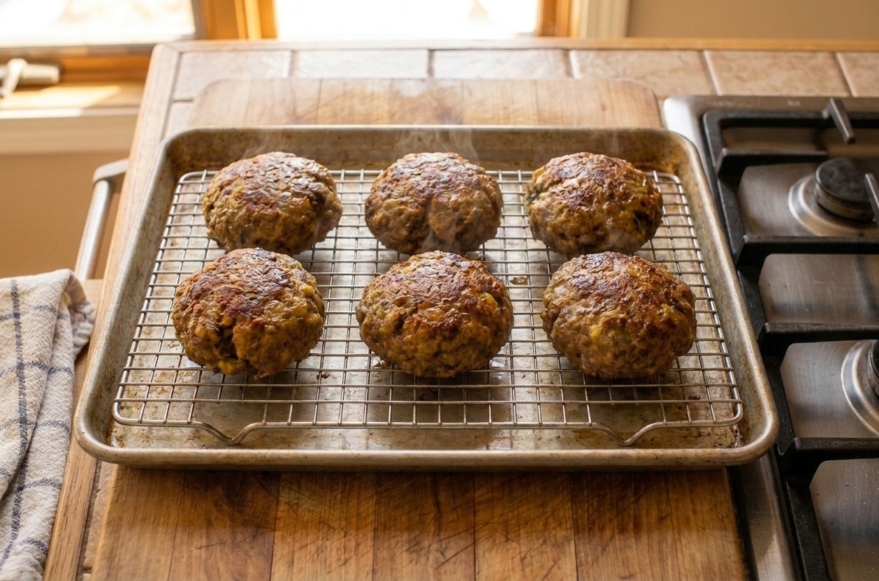 A batch of golden baked beef patties cooling on a wire rack set over a sheet pan on a kitchen counter