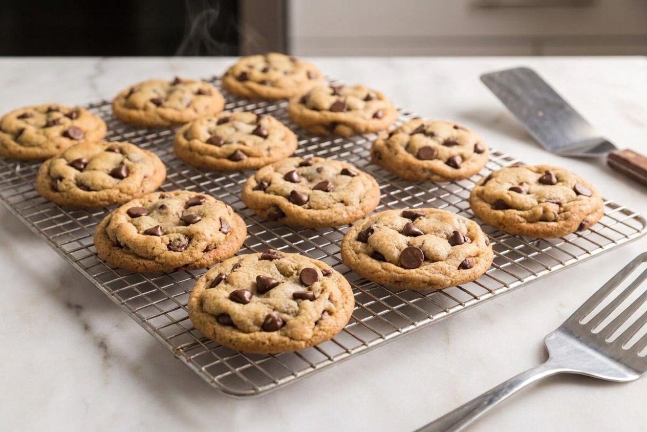 A batch of golden brown Toll House style chocolate chip cookies cooling on a wire rack on a warm kitchen counter, with melty chocolate chips and lightly crisp edges