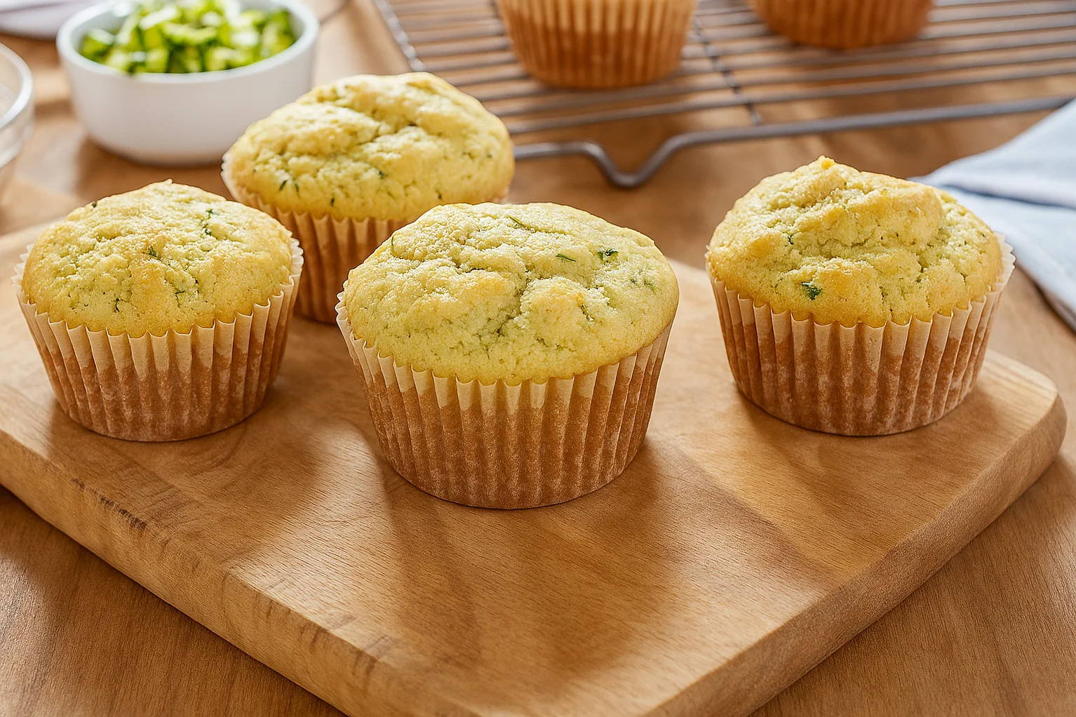 A batch of golden brown zucchini muffins cooling on a wire rack on a bright kitchen counter, with a few muffins split open to show a moist crumb