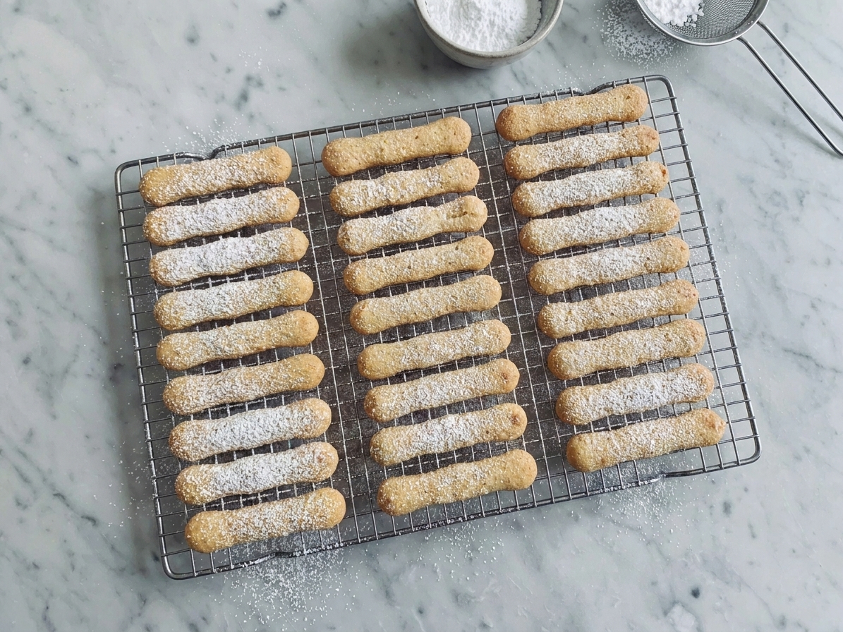 A batch of ladyfingers cooling on a wire rack with a light dusting of powdered sugar on top