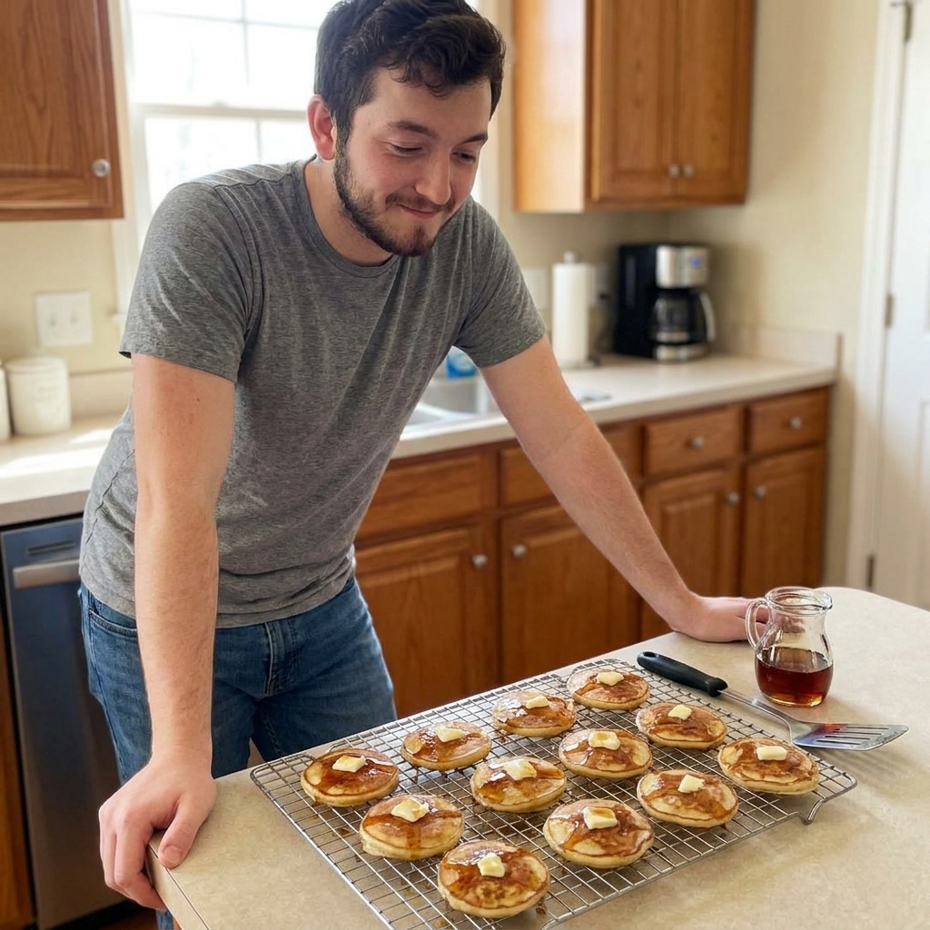 A batch of small maple mini pancakes cooling on a wire rack on a kitchen counter