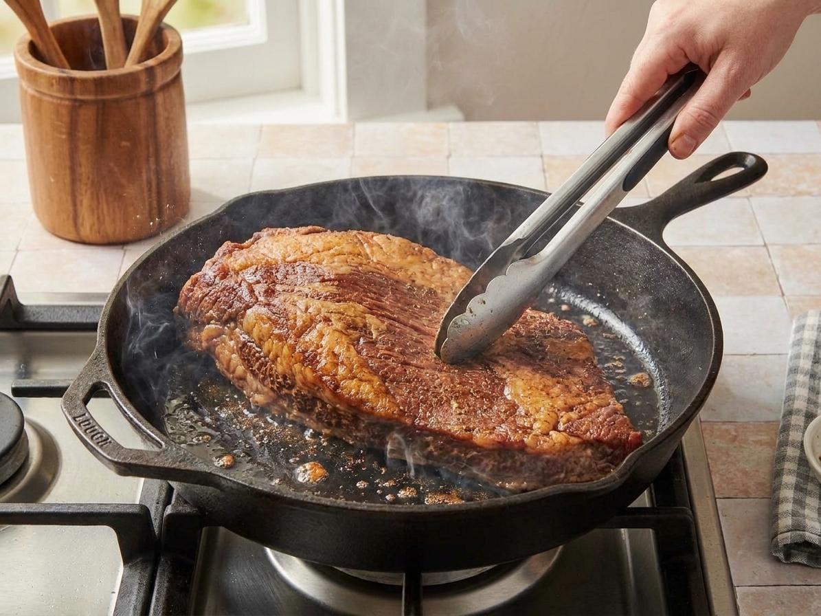 A beef brisket being seared in a hot skillet with browned edges forming