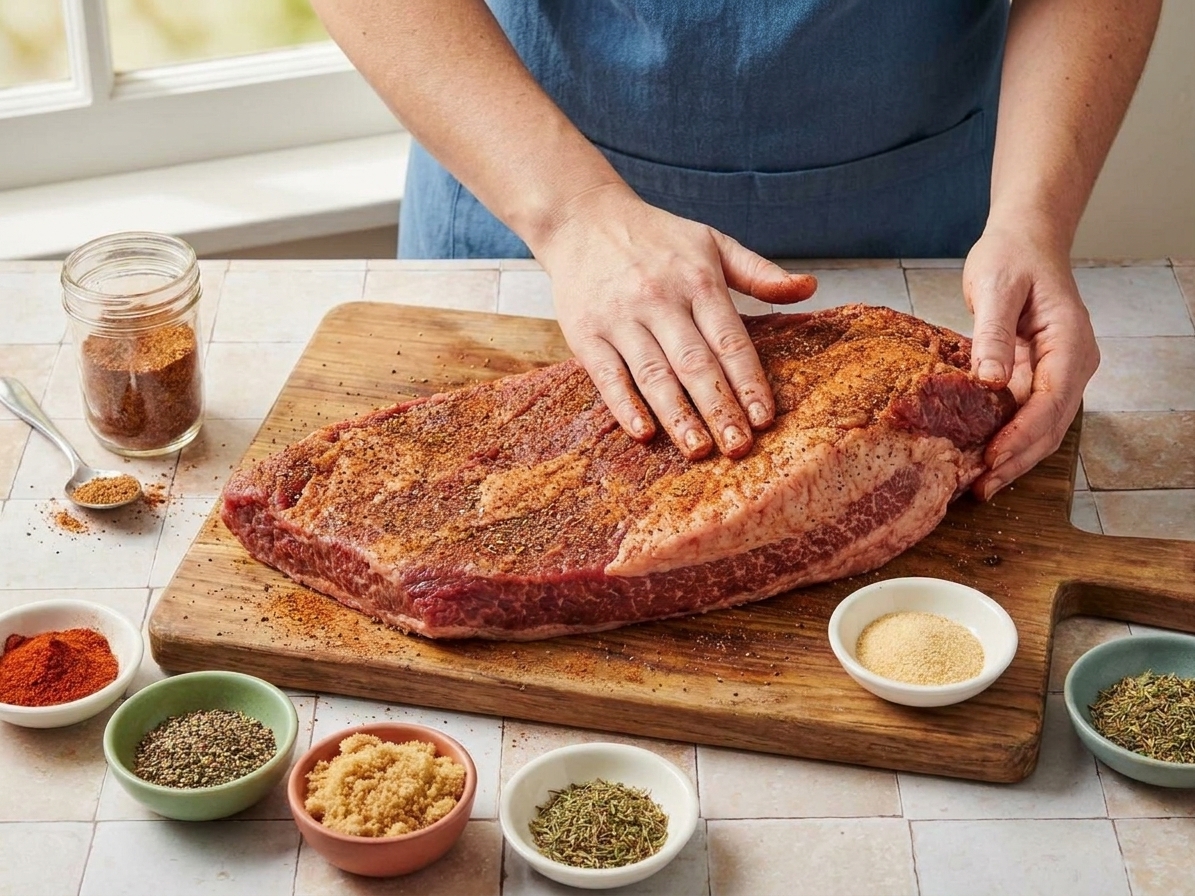 A beef brisket on a cutting board being coated evenly with a smoky spice rub