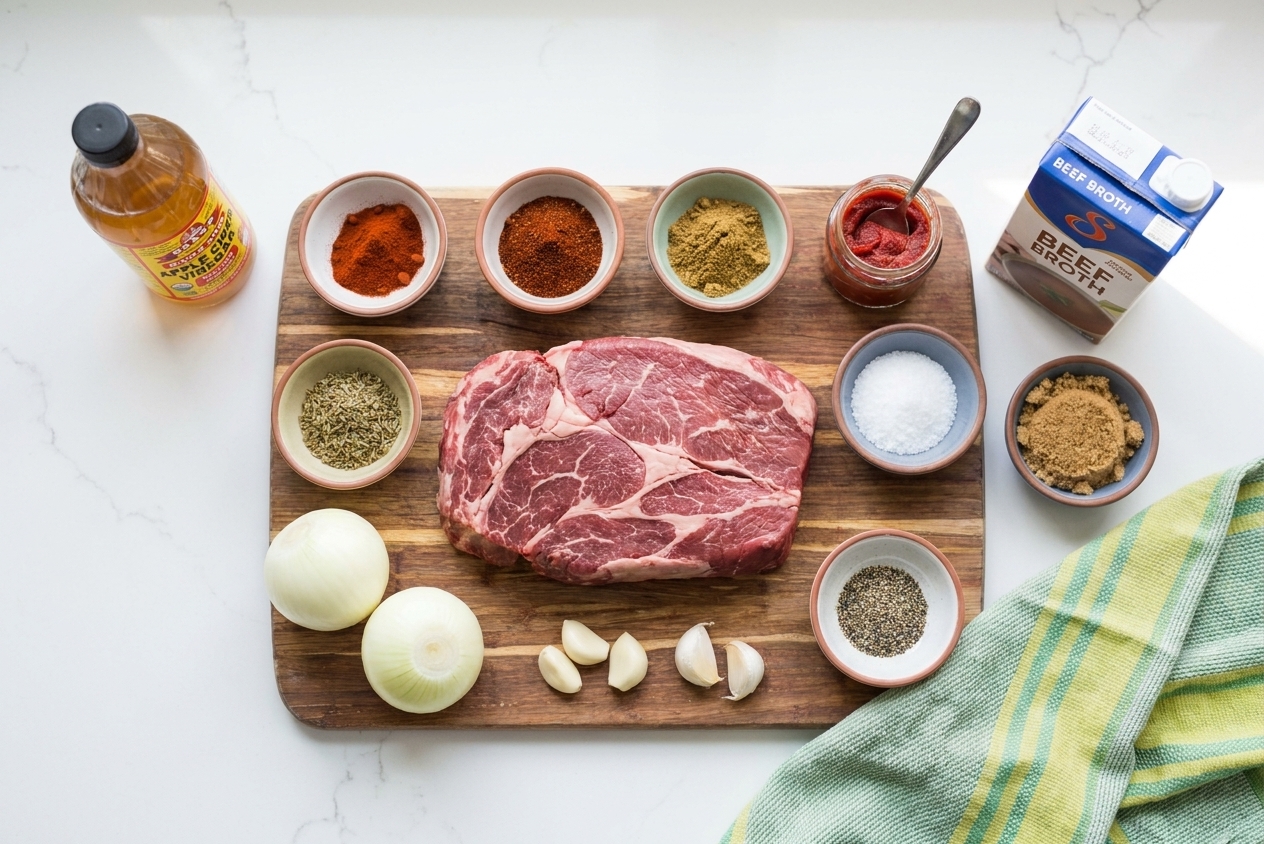 A beef chuck roast surrounded by onions, garlic, tomato paste, beef broth, apple cider vinegar, brown sugar, and spices on a bright kitchen counter