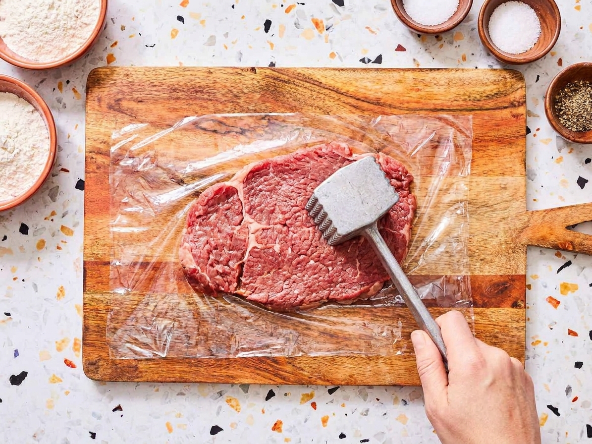 A beef cutlet being pounded evenly between plastic wrap on a wooden cutting board