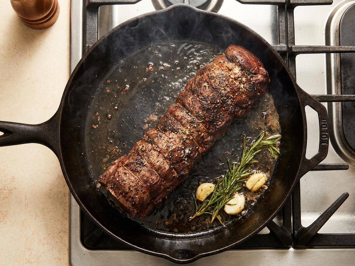 A beef fillet roast being seared in a cast iron skillet with browned edges forming on the surface