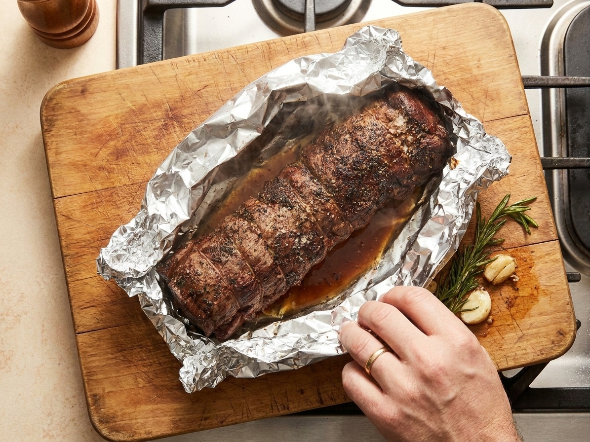 A beef fillet roast resting on a cutting board tented loosely with foil while juices settle