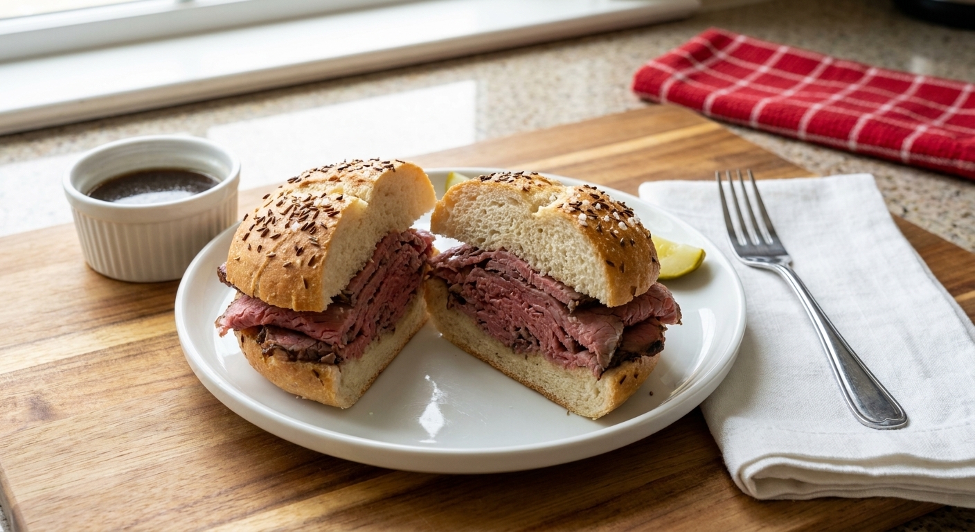 A beef on the weck sandwich cut in half on a plate with a small cup of au jus, simple table setting with a napkin and fork