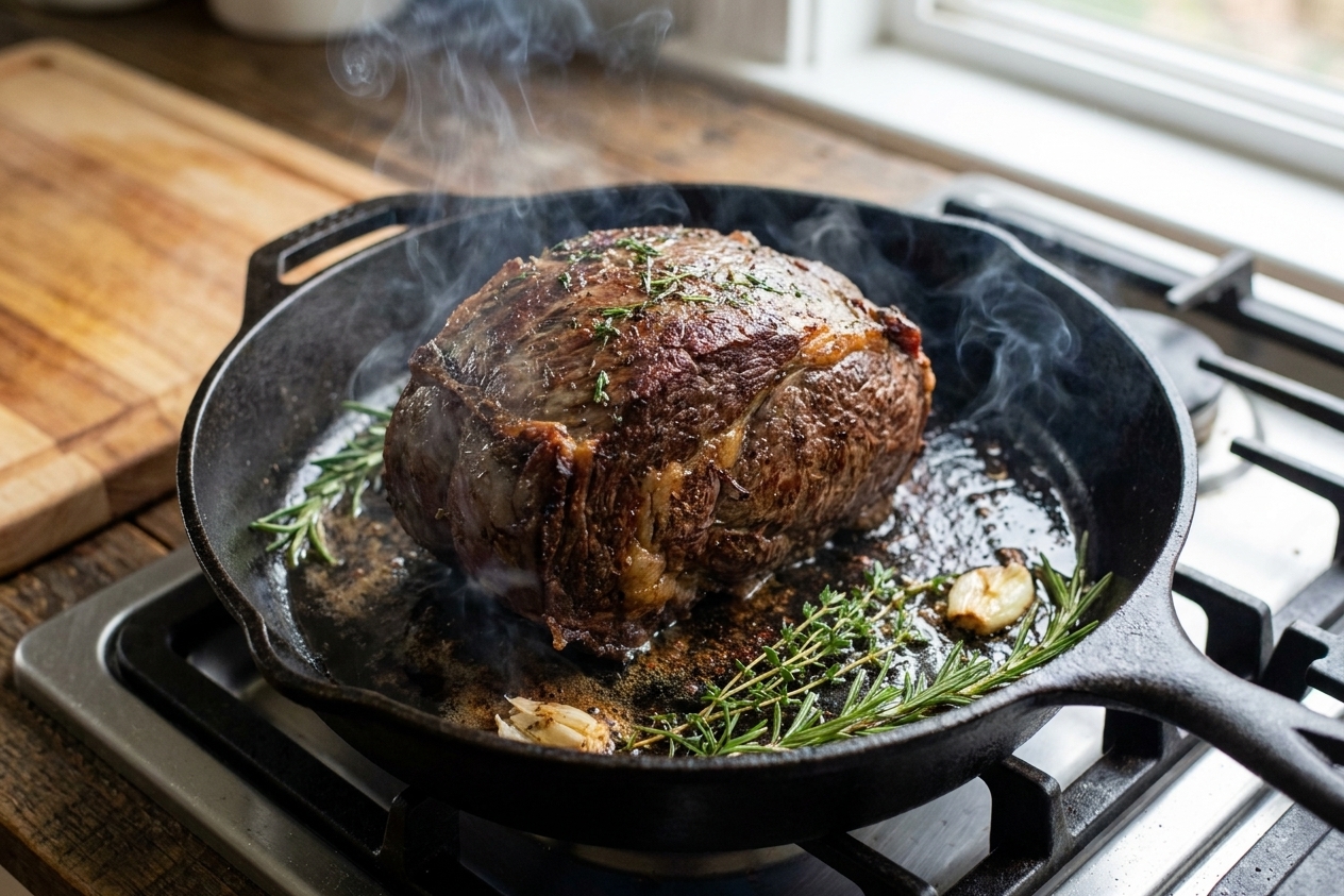 A beef roast being seared in a hot cast iron skillet with browned edges forming