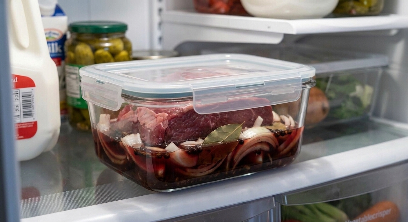 A beef roast fully submerged in a vinegar marinade with sliced onions and spices in a covered glass container in a refrigerator