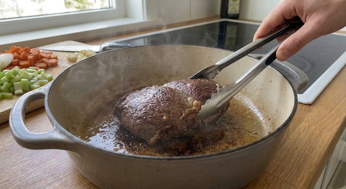 A beef shoulder roast being seared in a Dutch oven with a browned crust forming on the surface