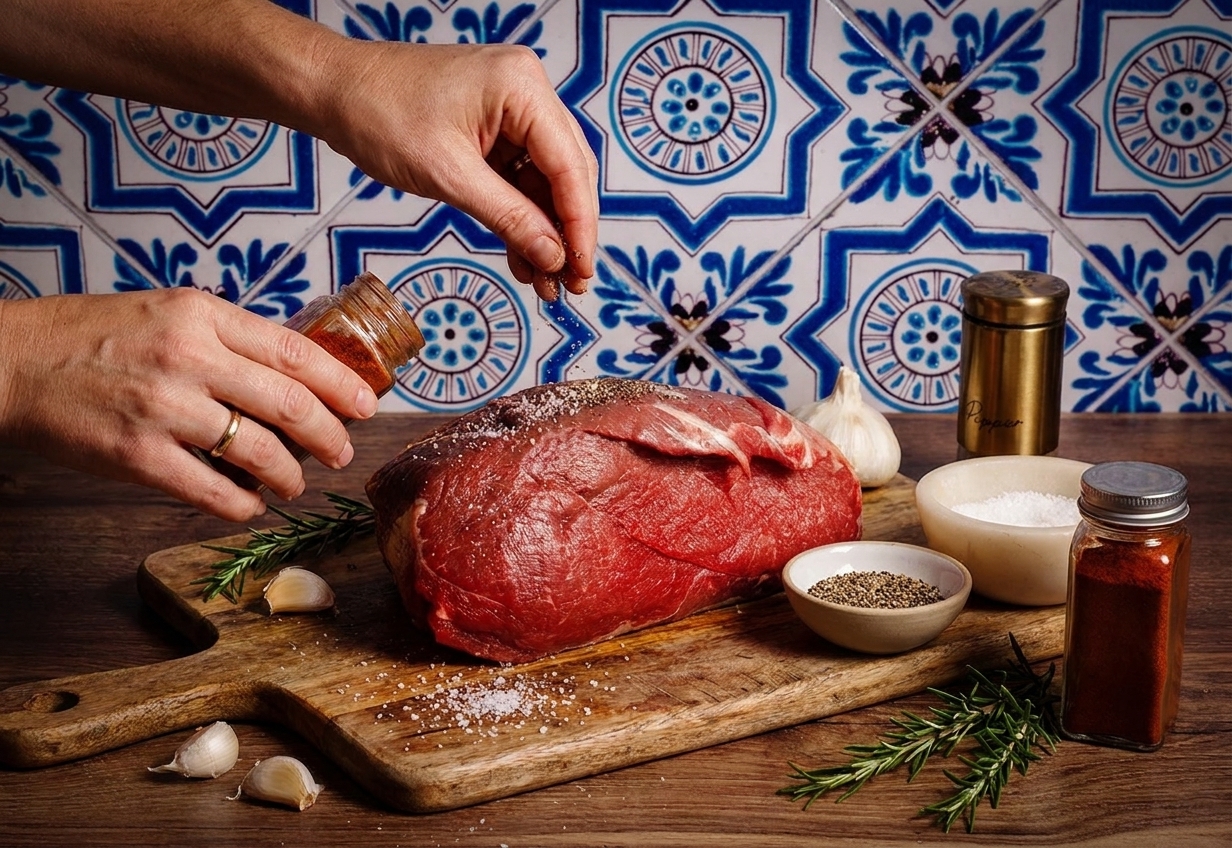 A beef shoulder roast on a cutting board being seasoned with salt, pepper, and smoked paprika, with garlic cloves and rosemary nearby on a warm kitchen counter