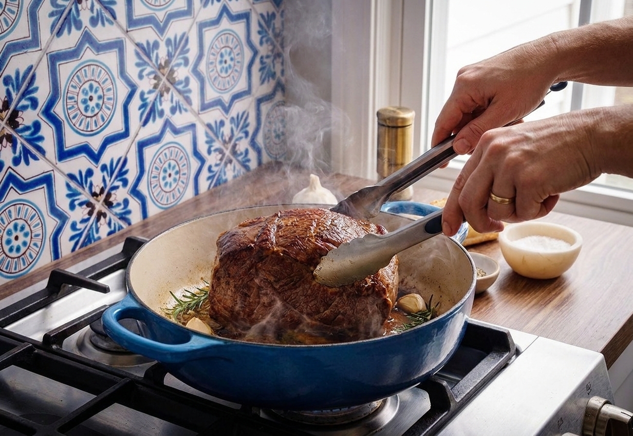 A beef shoulder roast searing in a Dutch oven with a deeply browned crust forming, on a stovetop in a cozy home kitchen