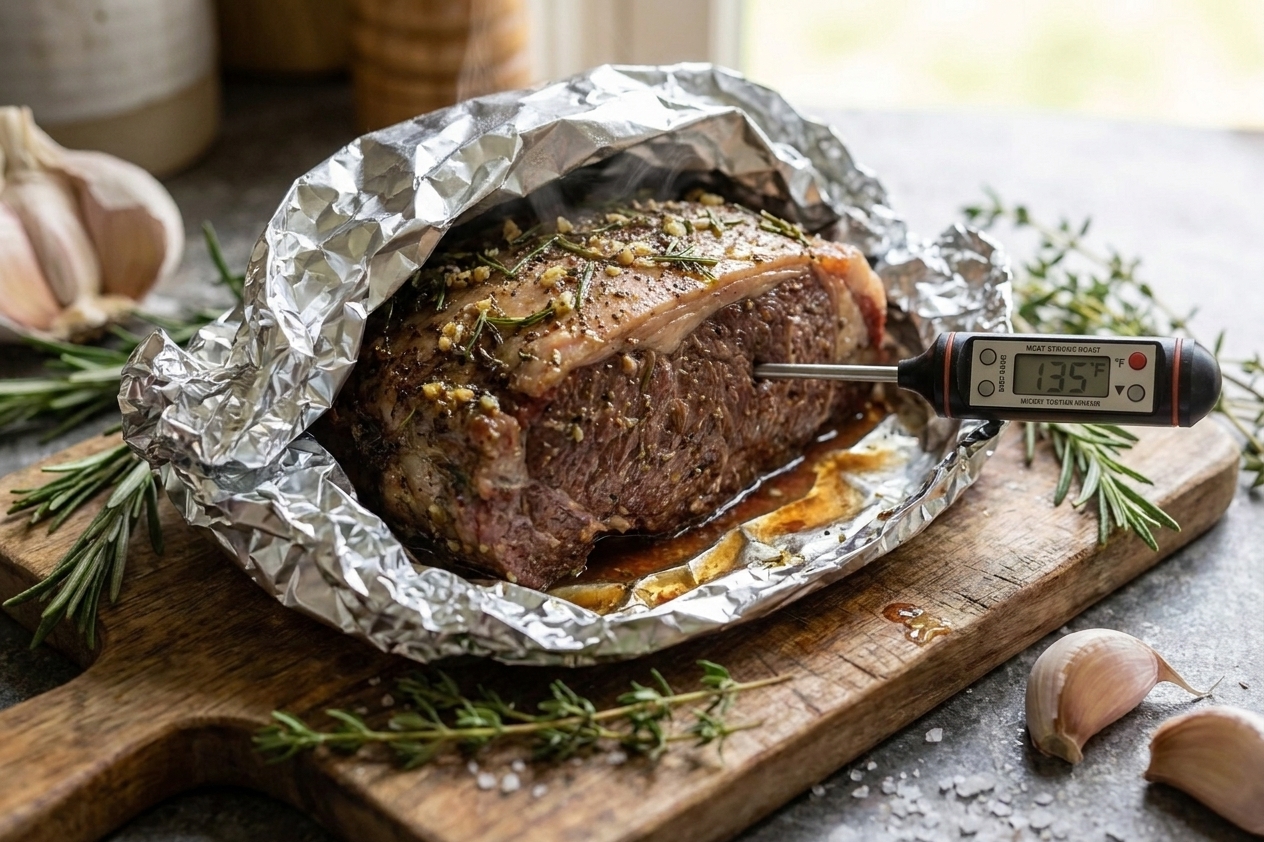 A beef striploin roast resting on a cutting board under a loose foil tent, with a thermometer nearby