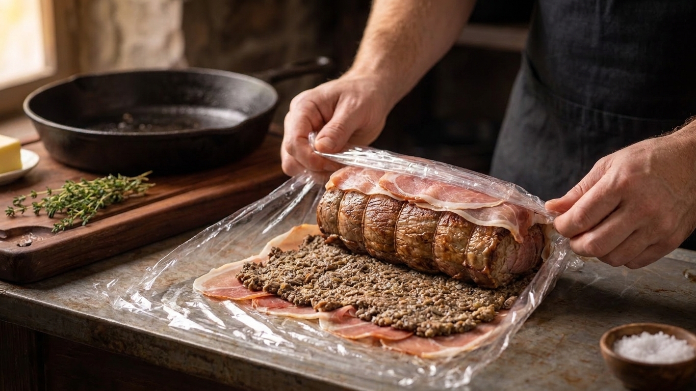A beef tenderloin being rolled in prosciutto and mushroom duxelles using plastic wrap on a kitchen counter