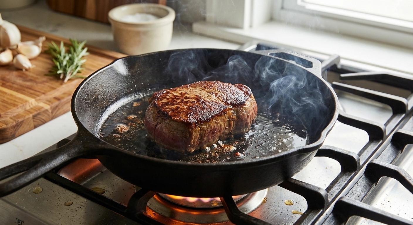 A beef tenderloin being seared in a cast iron skillet with a deep brown crust forming, light smoke rising, kitchen stovetop scene, photorealistic food photography