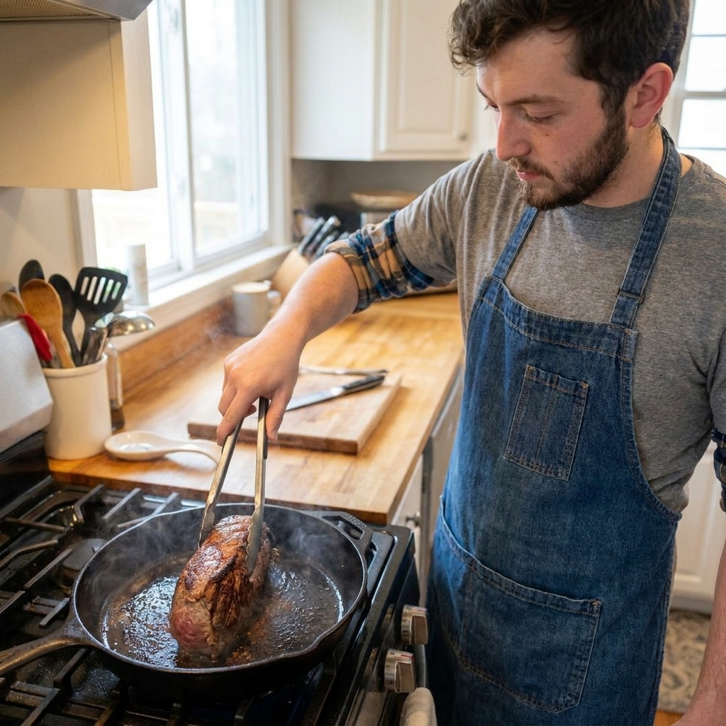A beef tenderloin being seared in a cast iron skillet with browned edges forming, tongs holding the roast, real kitchen photo